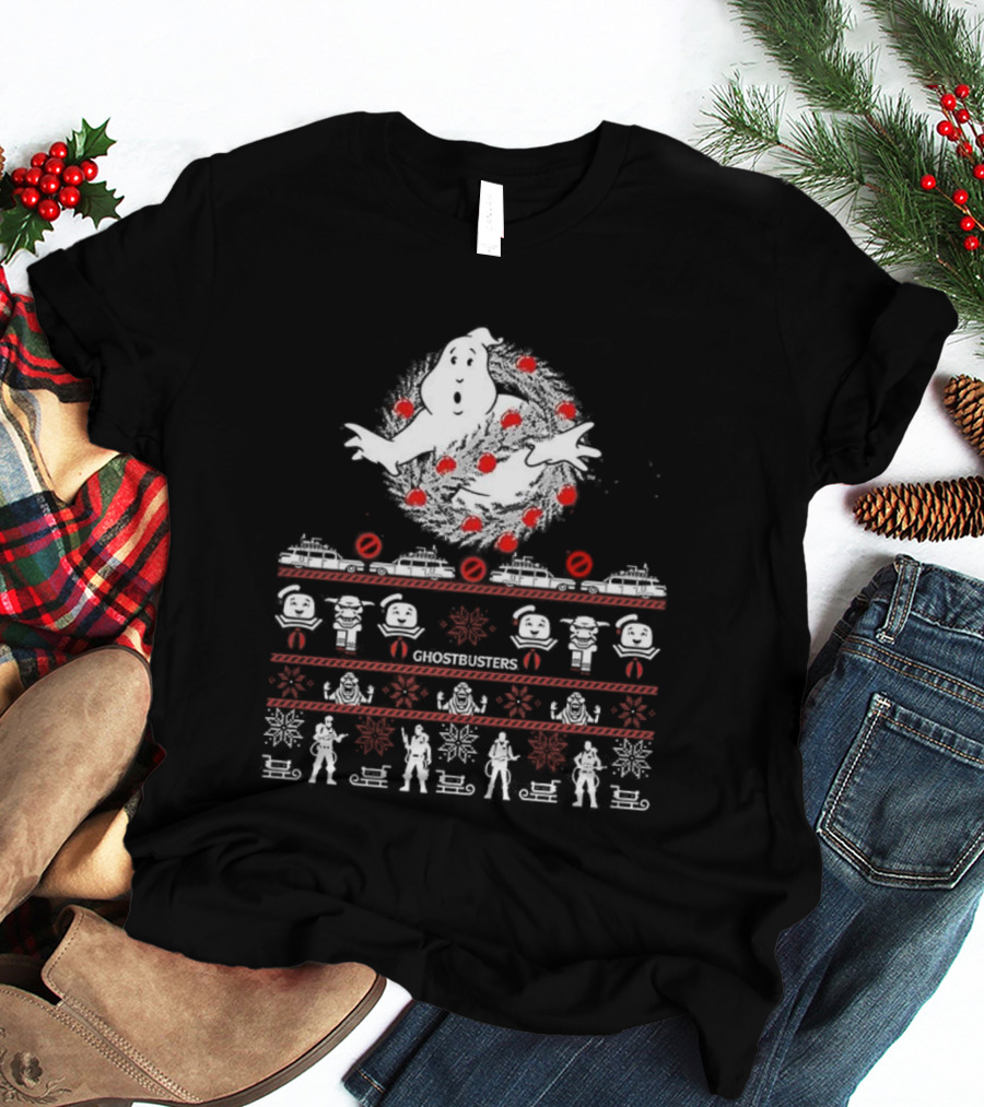 Ghostbusters Movie Christmas Sweater Style Ectomobile And Marshmallow Man T-Shirt