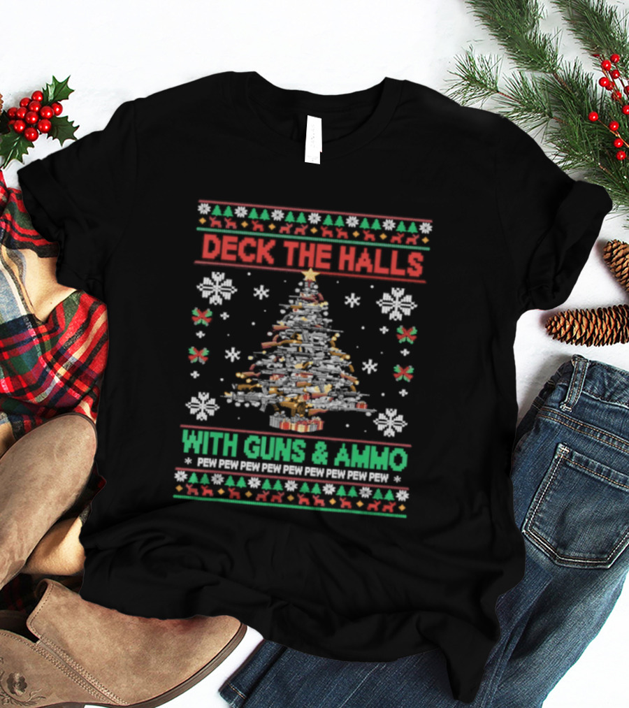 Retro Deck The Halls With Guns And Ammo Funny Christmas Tree Snowflakes Holiday T-Shirt