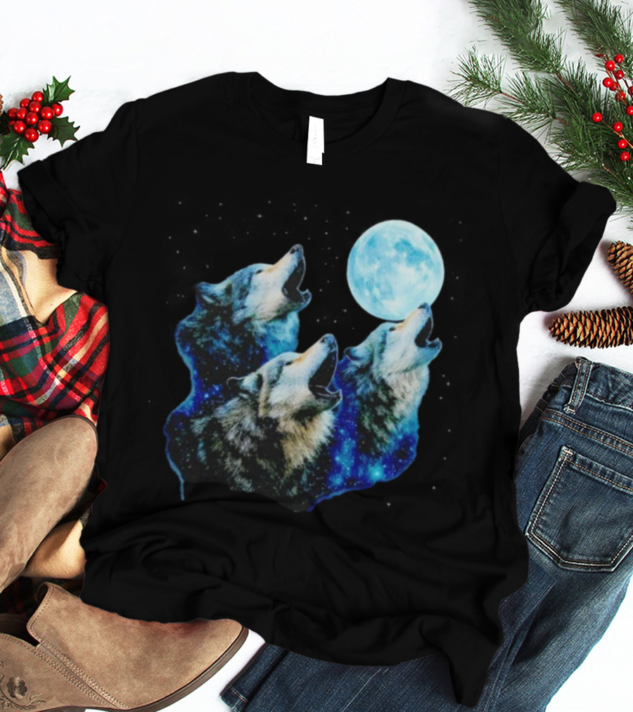 Three Wolves Howling At Cyan Moon Cosmic Night Glow T-Shirt