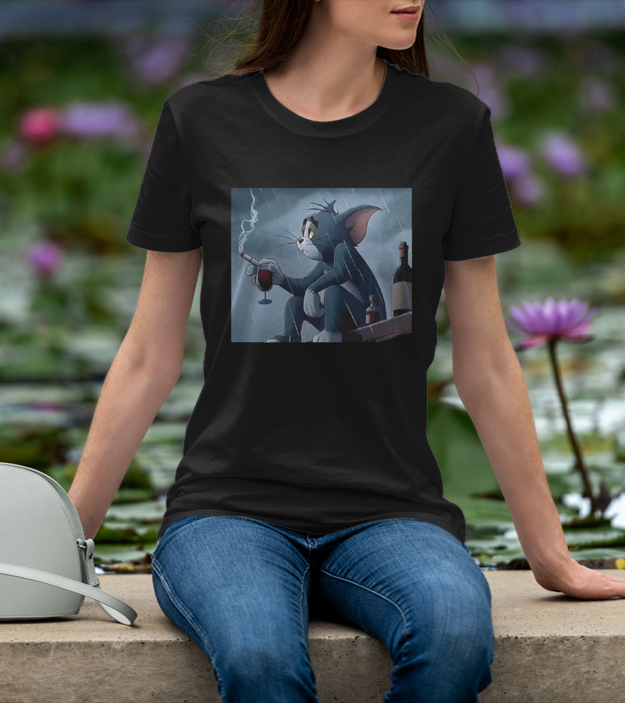 Tom Pensive And Sad Smoking In The Rain With Wine And Bottles T-Shirt