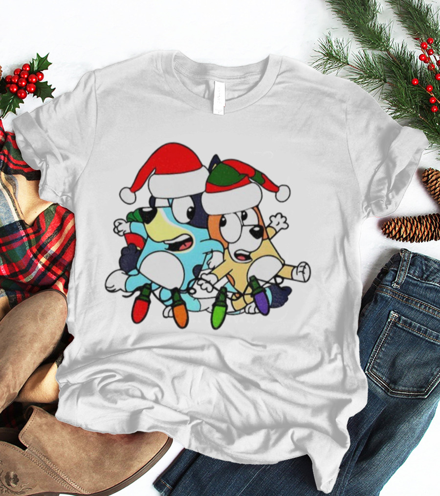 Bluey And Bingo Santa Hat Christmas Lights Merry Christmas 2025 Holiday Fun T-Shirt