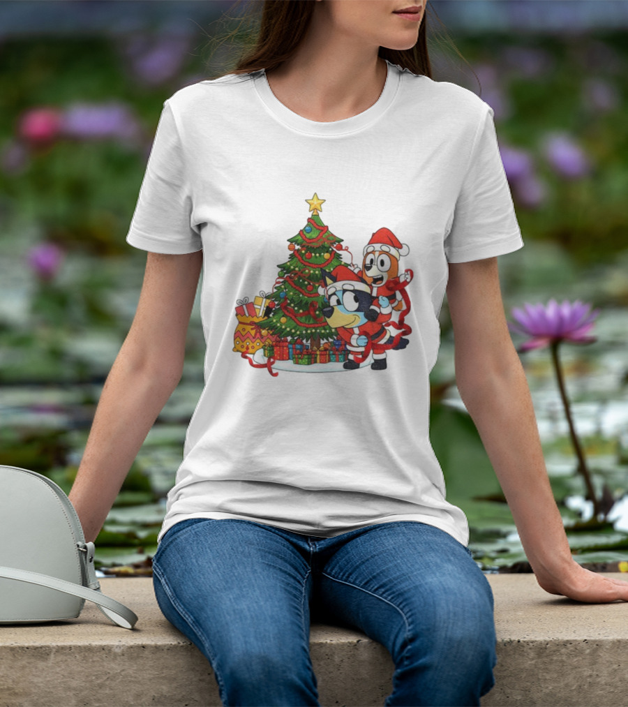 Bluey Bingo Christmas Tree Santa Hat Merry Christmas T-Shirt