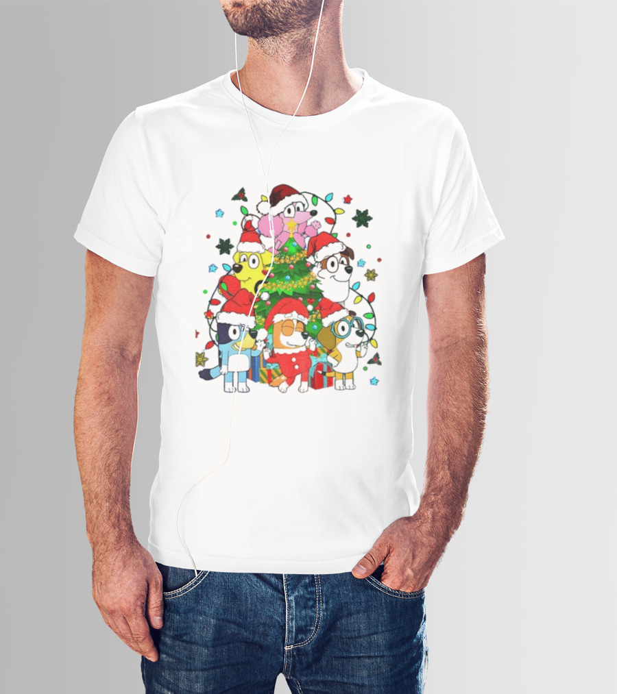 Bluey And Friends Christmas Tree Santa Hats Festive Lights T-Shirt
