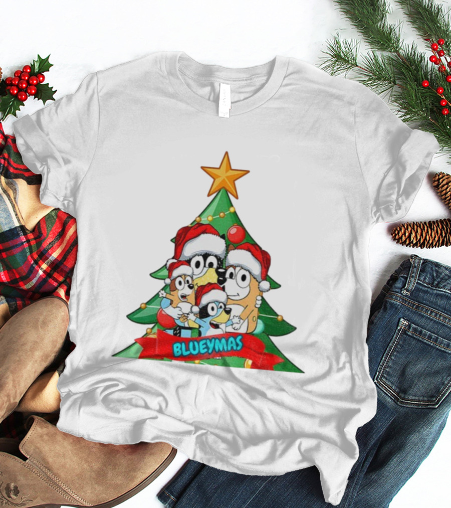 Bluey Family Christmas Tree Blueymas Merry Christmas Santa Hats T-Shirt