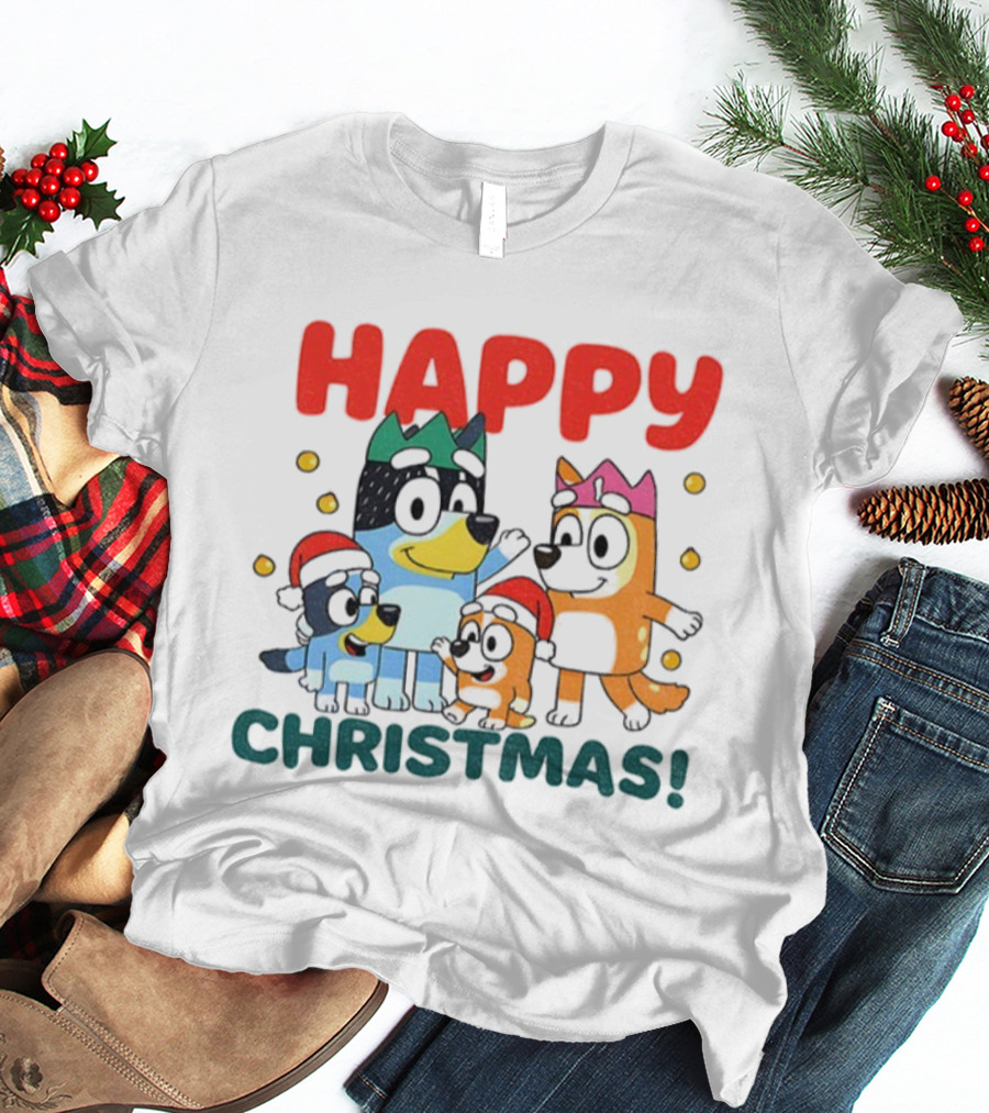 Bluey Family Happy Christmas Santa Hat Celebration T-Shirt