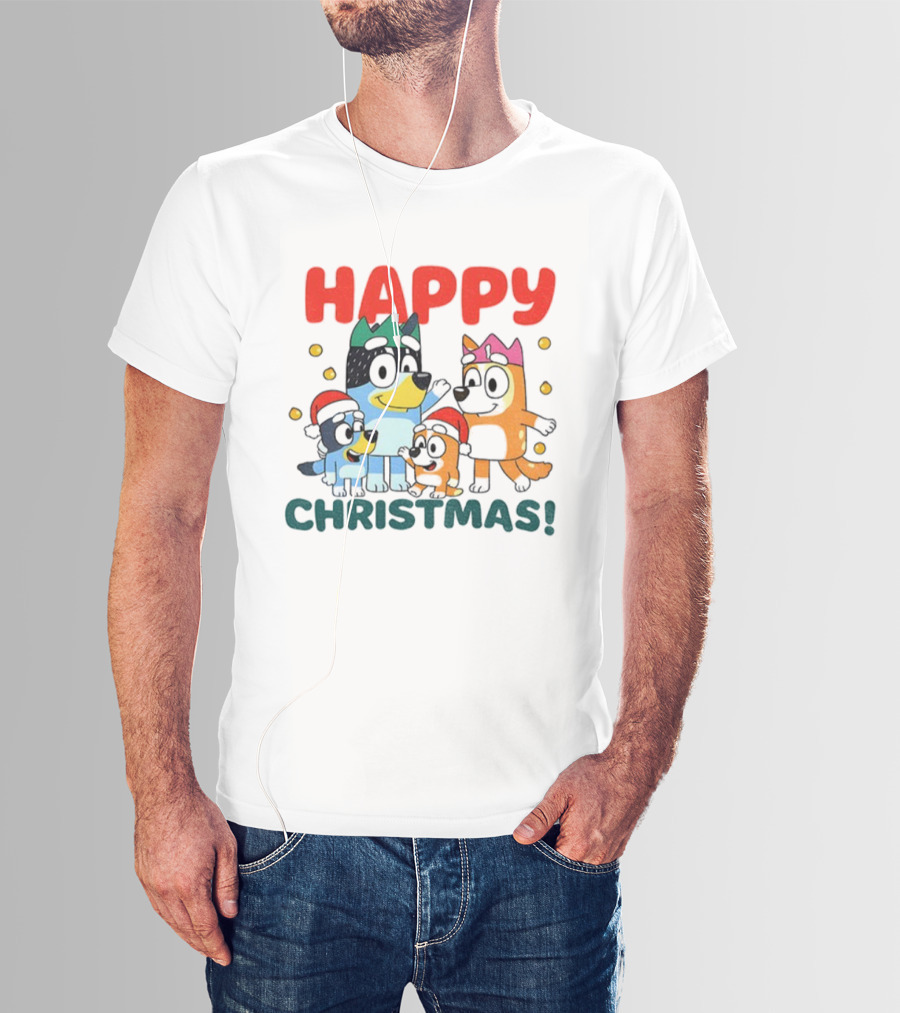 Bluey Family Happy Christmas Santa Hat Celebration T-Shirt