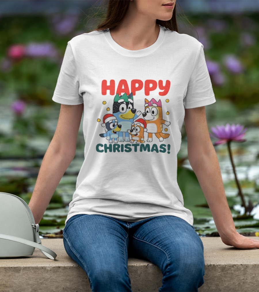 Bluey Family Happy Christmas Santa Hat Celebration T-Shirt