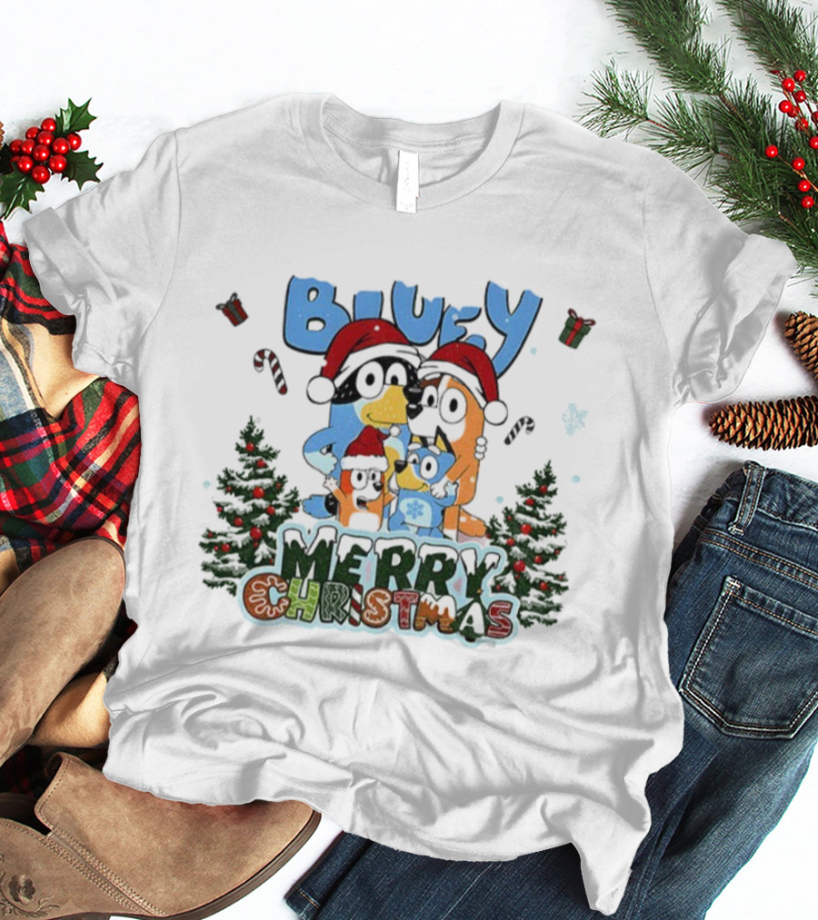 Bluey Family Santa Hat Merry Christmas Holiday Celebration T-Shirt