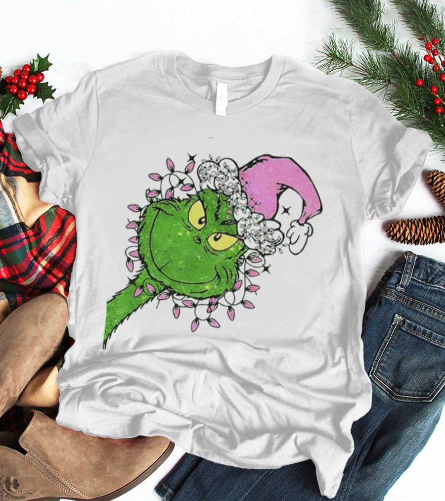 Pink Santa Grinch Feeling Extra Grinchy Today Christmas Lights T-Shirt
