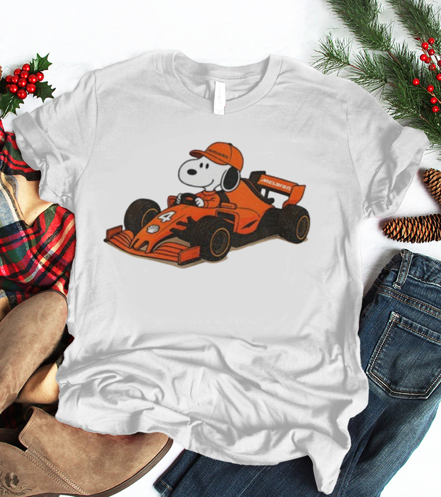 Snoopy Driving McLaren Formula One Car With Number 4 Racing Cap T-Shirt
