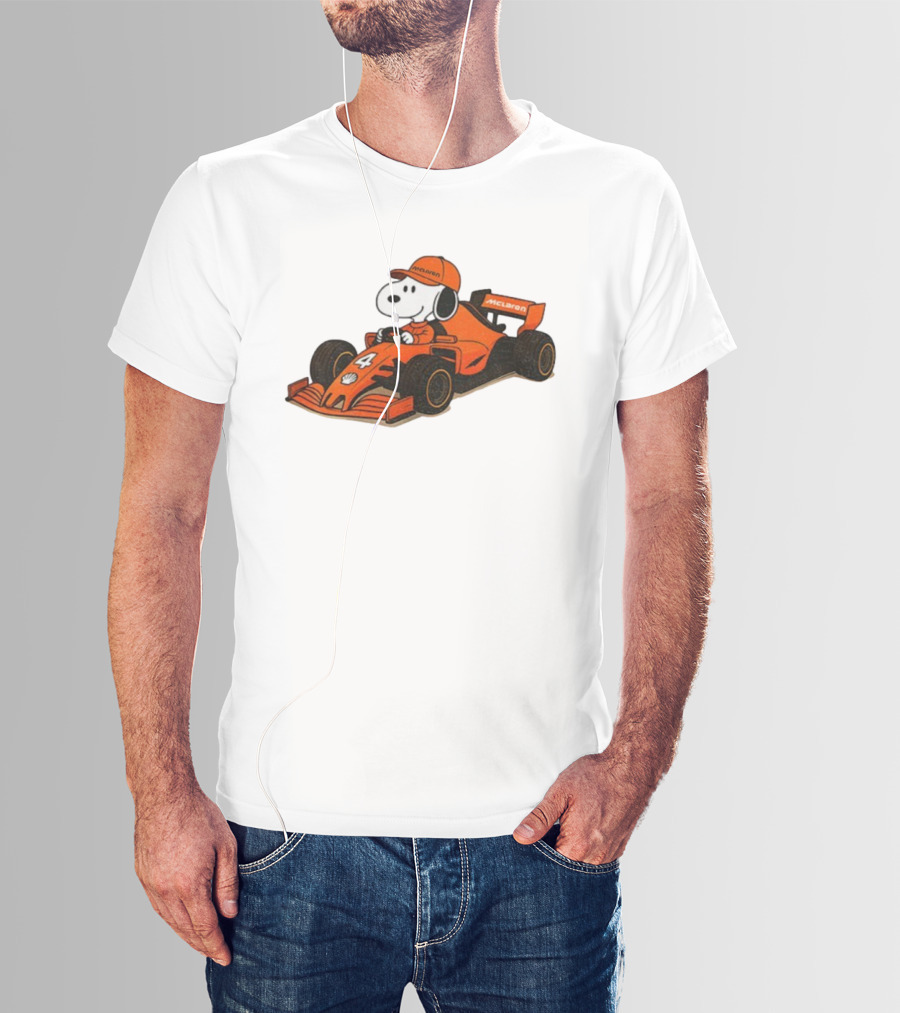 Snoopy Driving McLaren Formula One Car With Number 4 Racing Cap T-Shirt