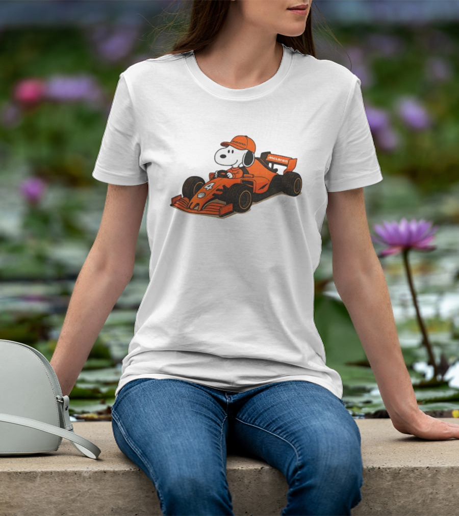Snoopy Driving McLaren Formula One Car With Number 4 Racing Cap T-Shirt