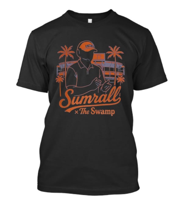 Sumrall The Swamp Coach Illustration With Palm Trees And Building Background T-Shirt