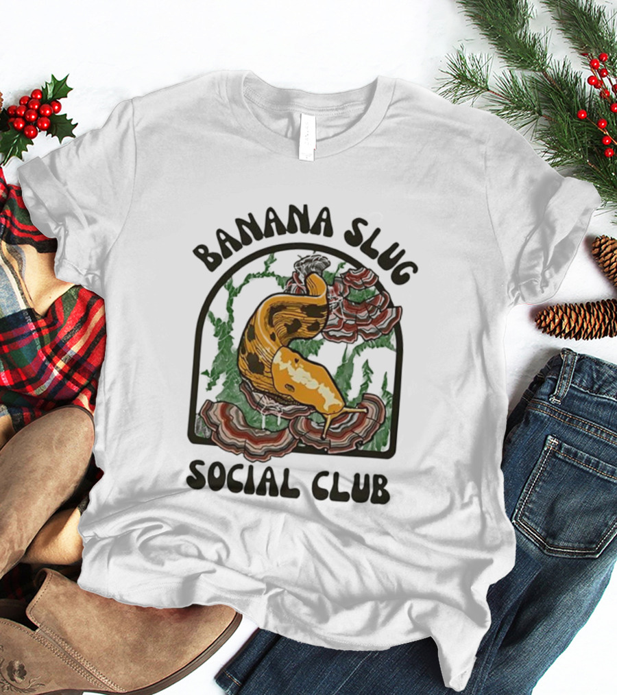 Banana Slug Social Club Nature-Inspired Design With Forest And Mushrooms T-Shirt