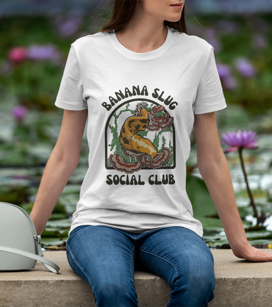 Banana Slug Social Club Nature-Inspired Design With Forest And Mushrooms T-Shirt