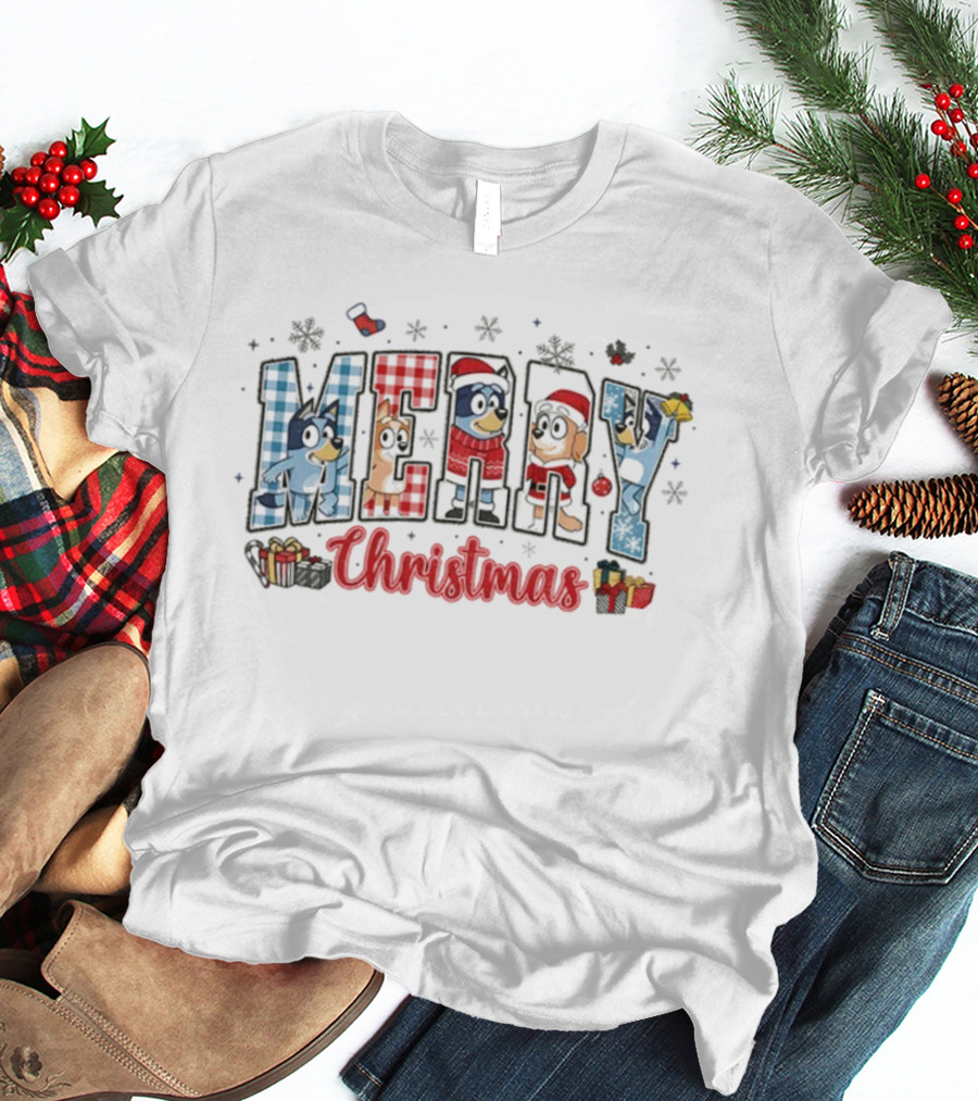 Merry Christmas Bluey Dog Friends In Santa Hats 2025 T-Shirt