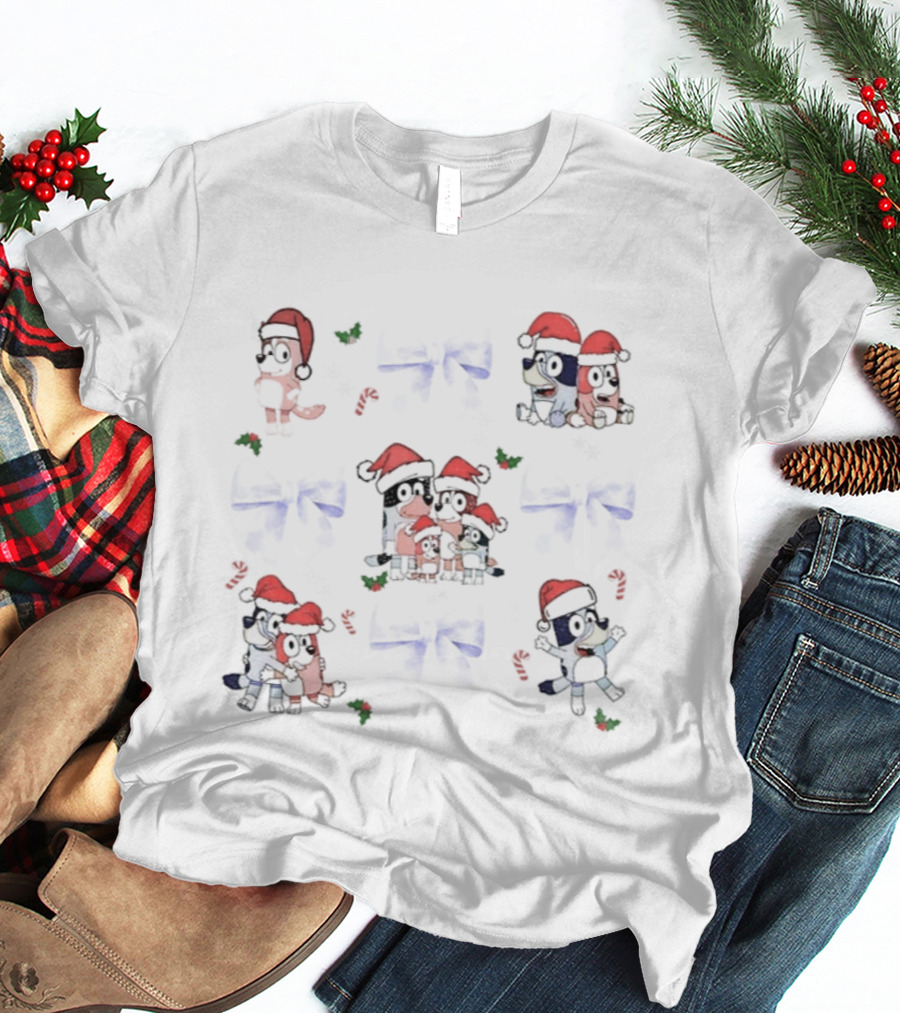 Coquette Blue Dog Bluey Snowman Christmas Episode Festive Holiday Santa Hats T-Shirt