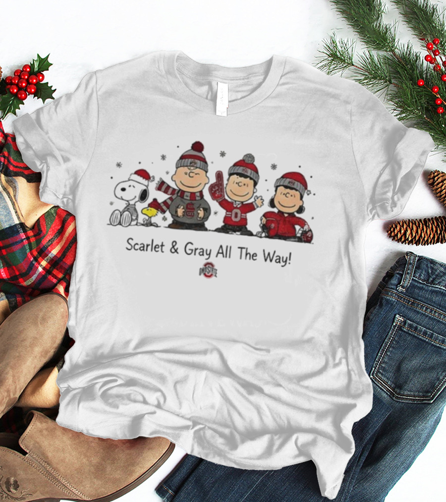Snoopy Ohio State Buckeyes Scarlet And Gray All The Way Christmas T-Shirt