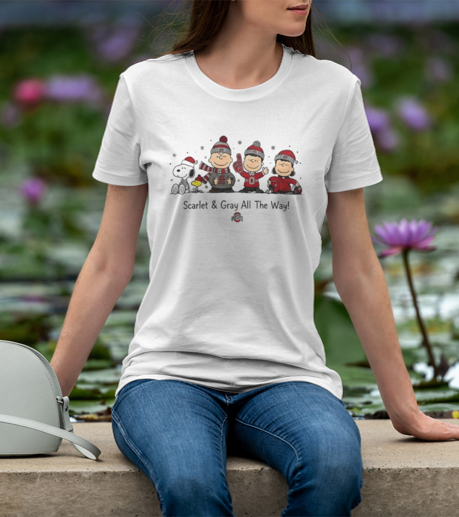 Snoopy Ohio State Buckeyes Scarlet And Gray All The Way Christmas T-Shirt