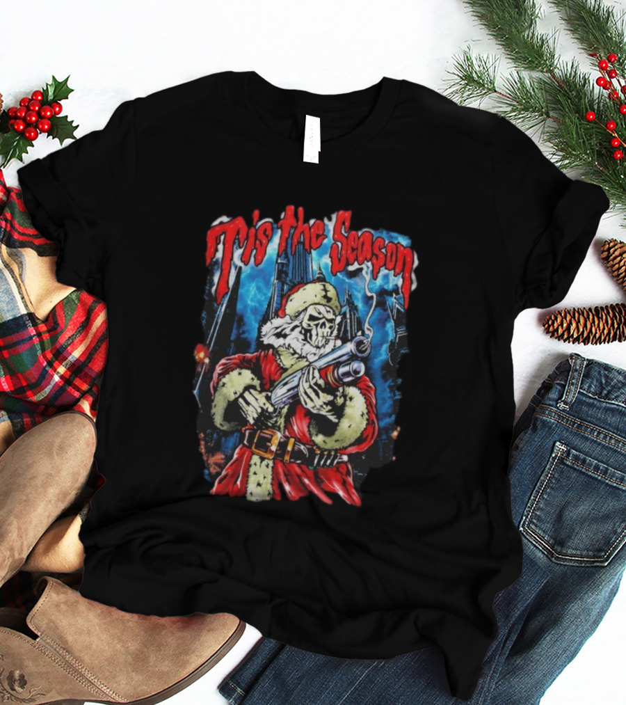 Warren Lotas Tis The Season Skull Santa Holding Shotgun T-Shirt