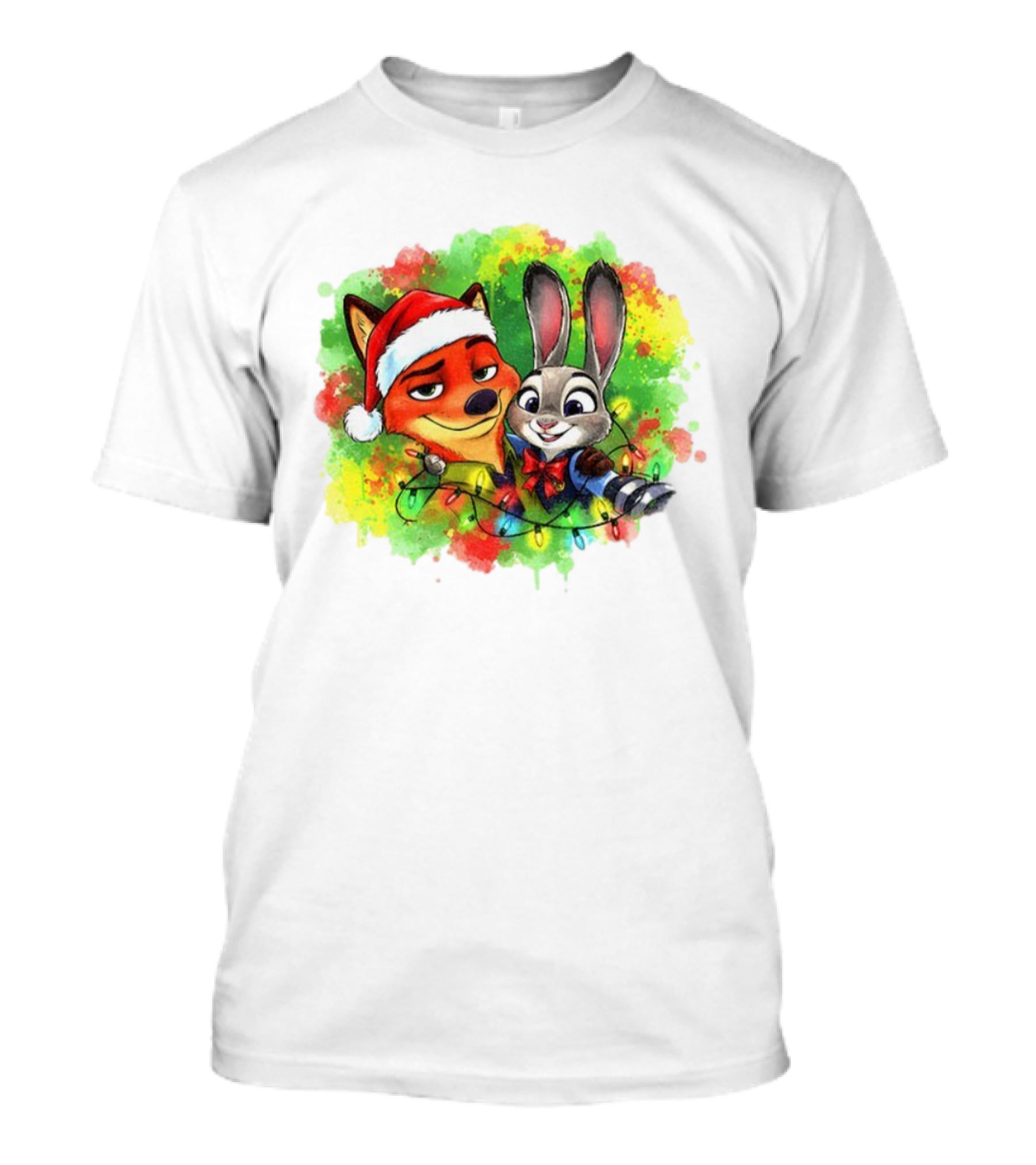 Couple Fox And Bunny Zootopia 2 Santa Hat Merry Christmas Holiday Lights T-Shirt