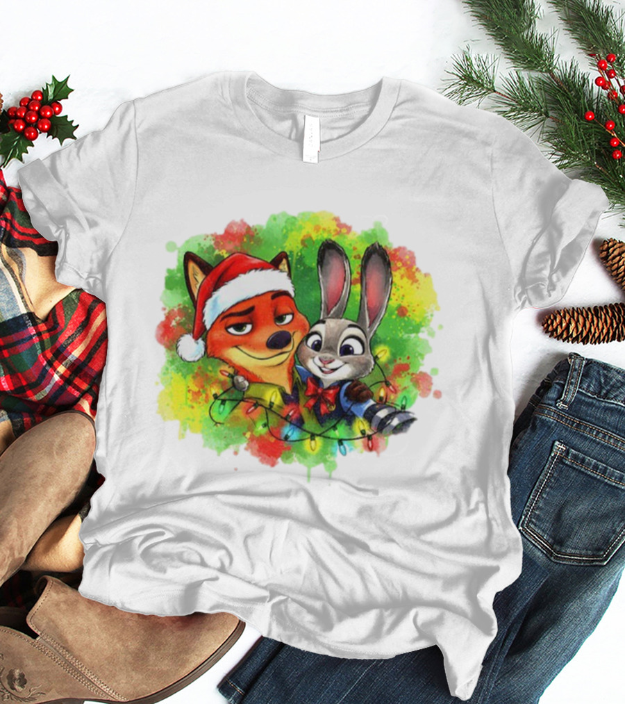 Couple Fox And Bunny Zootopia 2 Santa Hat Merry Christmas Holiday Lights T-Shirt
