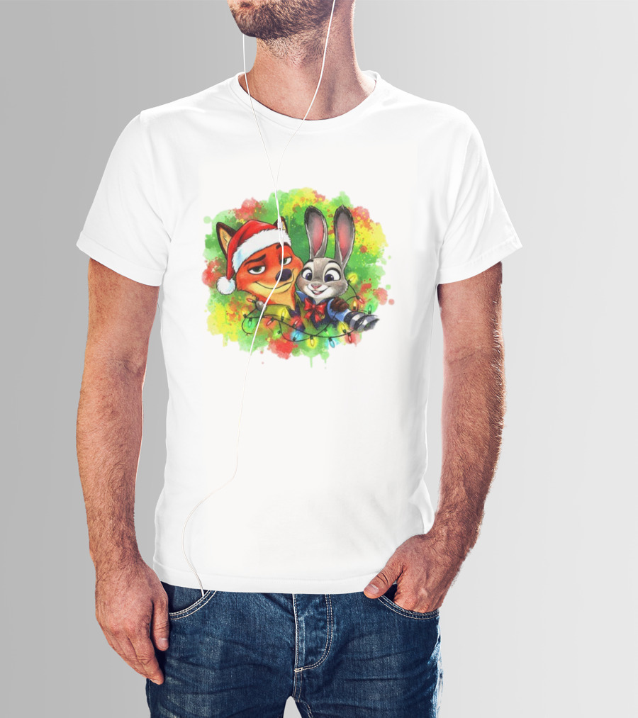 Couple Fox And Bunny Zootopia 2 Santa Hat Merry Christmas Holiday Lights T-Shirt