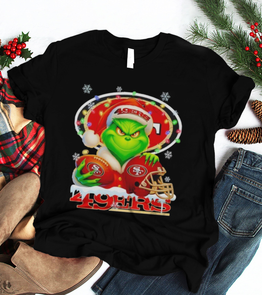 Grinch Holding Football And Helmet San Francisco 49ers Merry Christmas 49ers T-Shirt