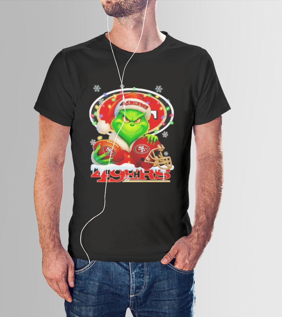 Grinch Holding Football And Helmet San Francisco 49ers Merry Christmas 49ers T-Shirt