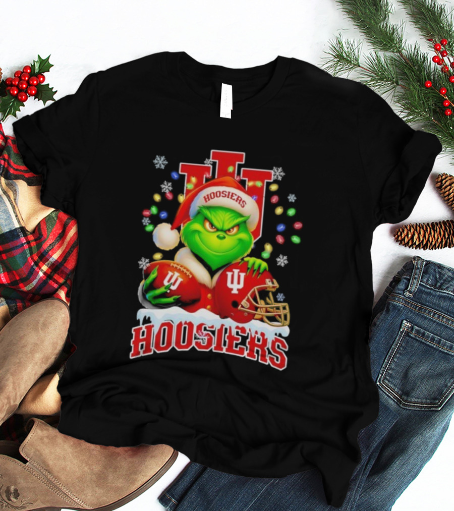 Grinch Santa With Indiana Hoosiers Football Helmet Christmas Theme T-Shirt
