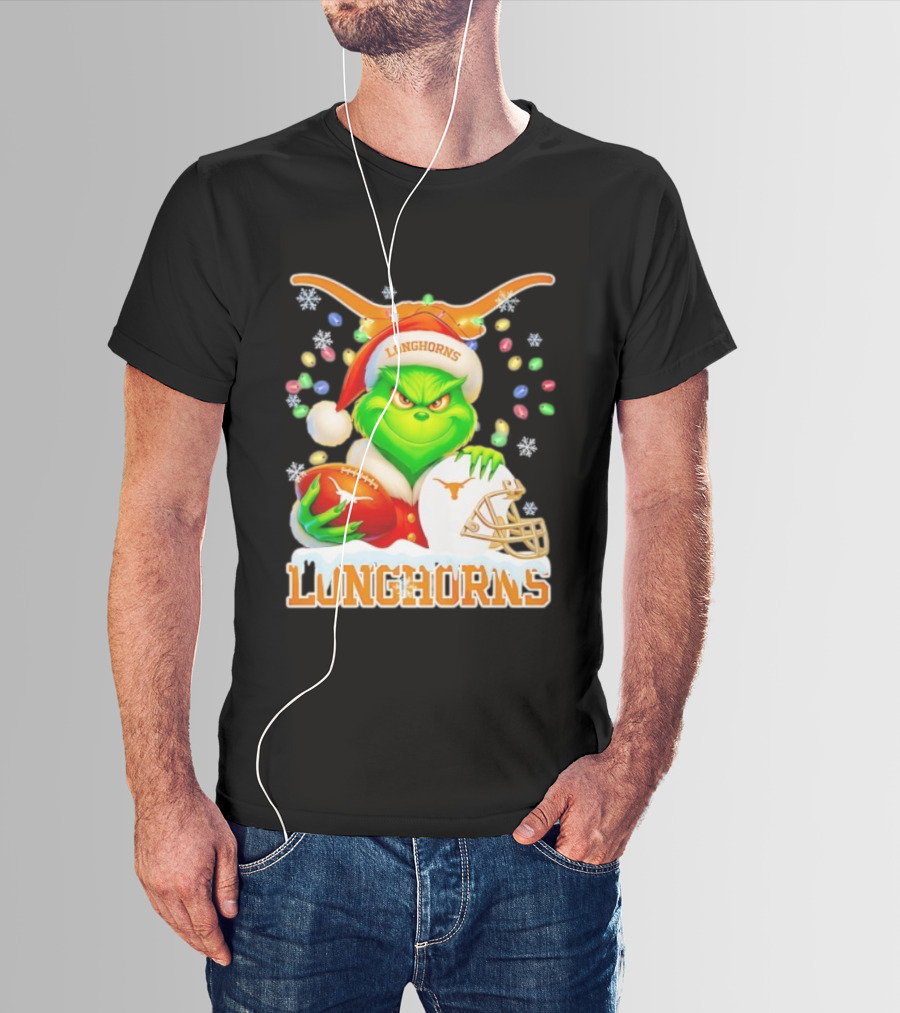 Grinch With Texas Longhorns Christmas Football Helmet And Santa Hat T-Shirt