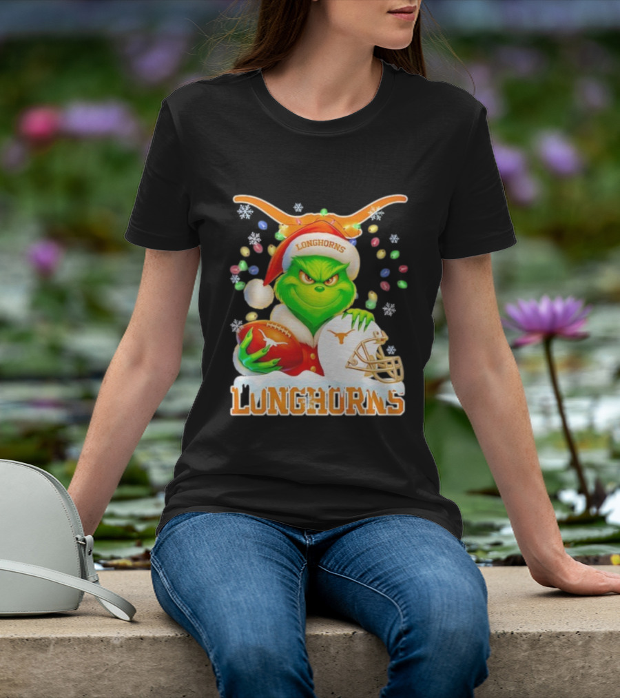 Grinch With Texas Longhorns Christmas Football Helmet And Santa Hat T-Shirt
