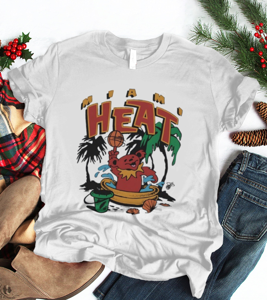 Grateful Dead Bear Miami Heat Basketball Palm Trees Beach Theme T-Shirt