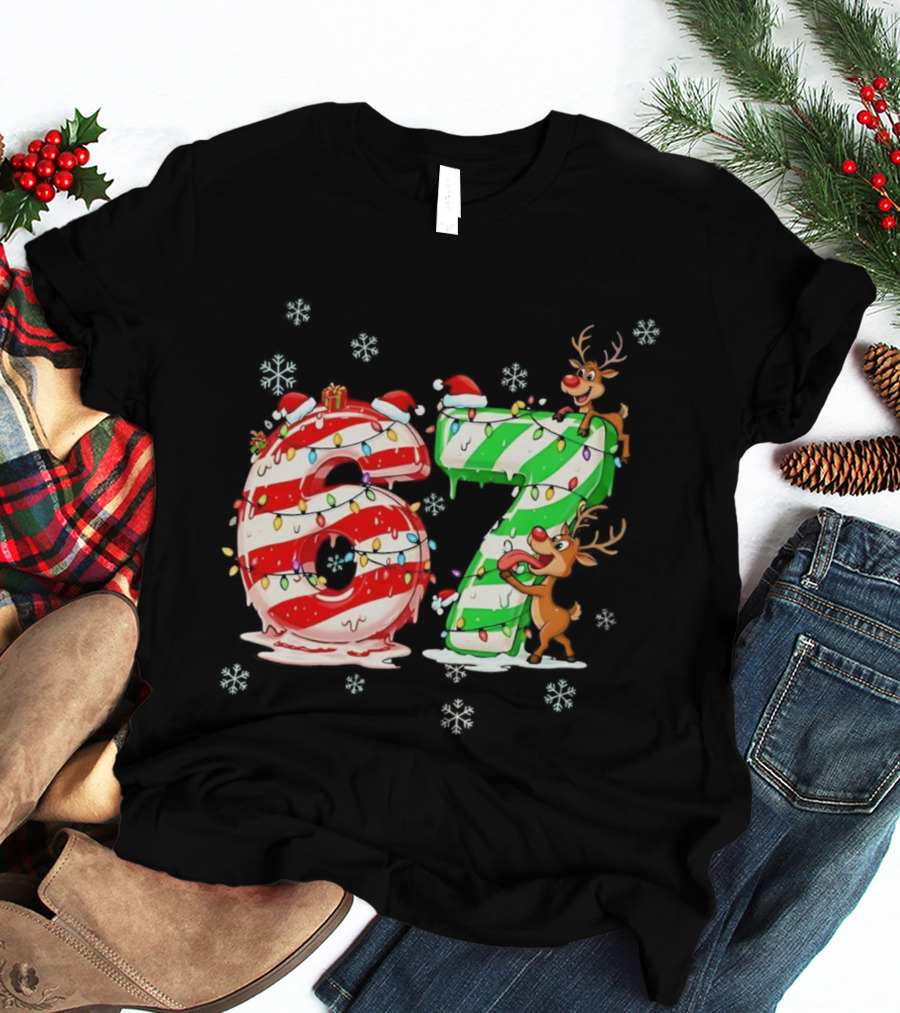 67 Christmas Reindeer Candy Cane Lights Snowflakes T-Shirt