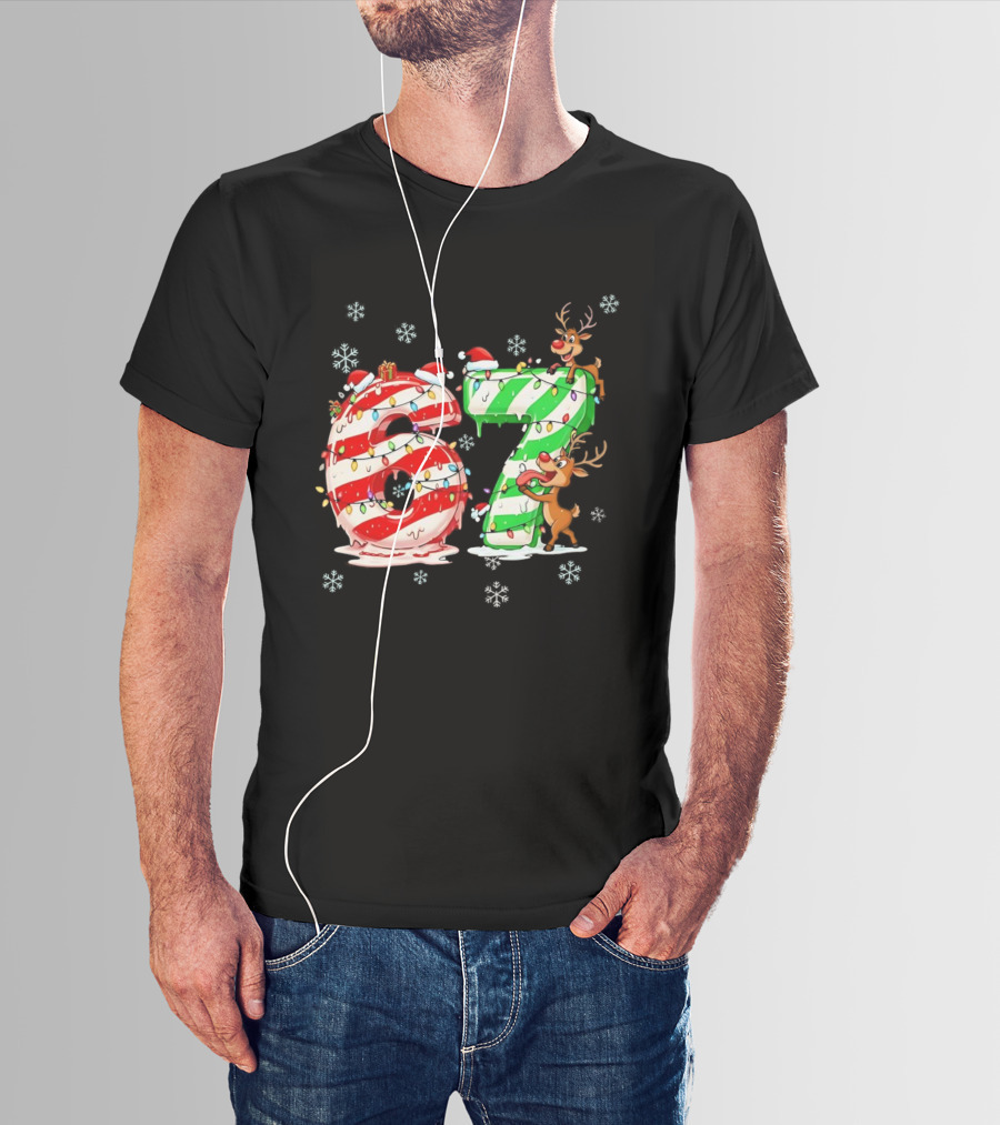67 Christmas Reindeer Candy Cane Lights Snowflakes T-Shirt