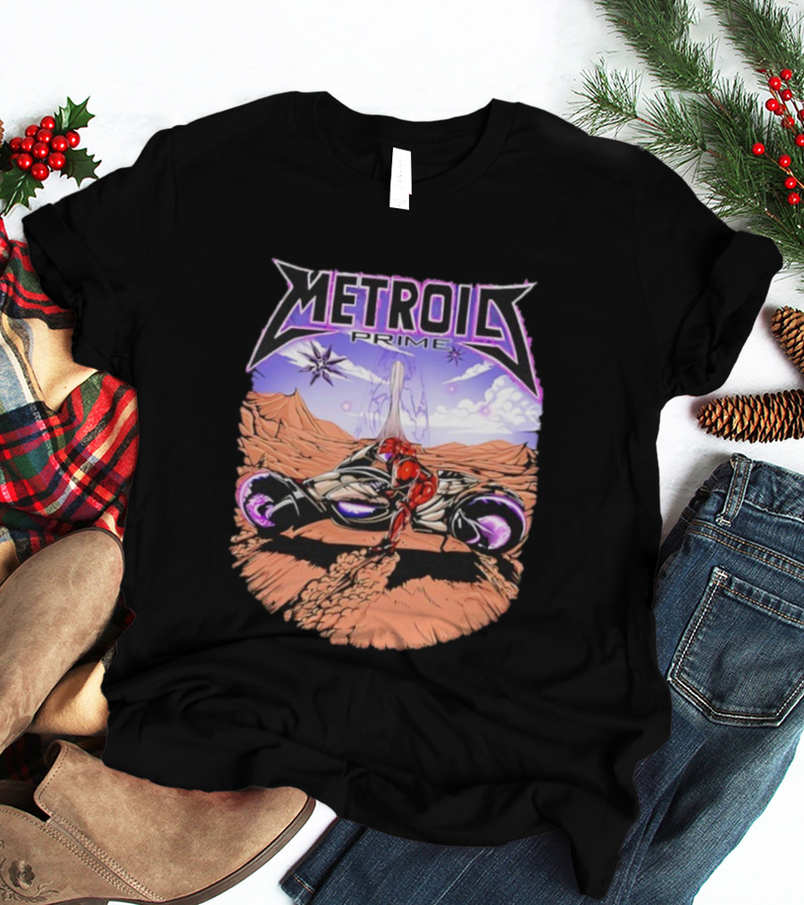 Metroid Prime Sci-Fi Landscape With Armored Character And Alien Desert Scene T-Shirt