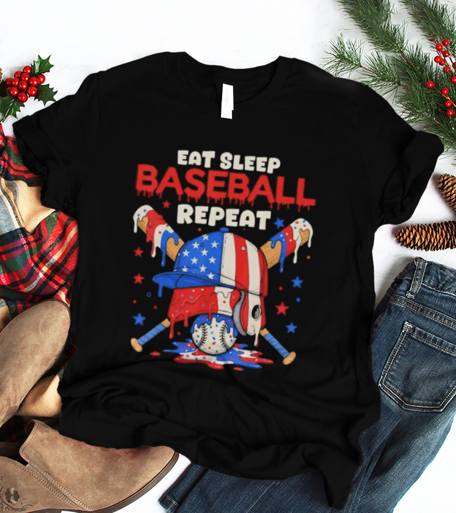 Eat Sleep Baseball Repeat Funny Ice Cream Drip Patriotic Crossed Bats T-Shirt