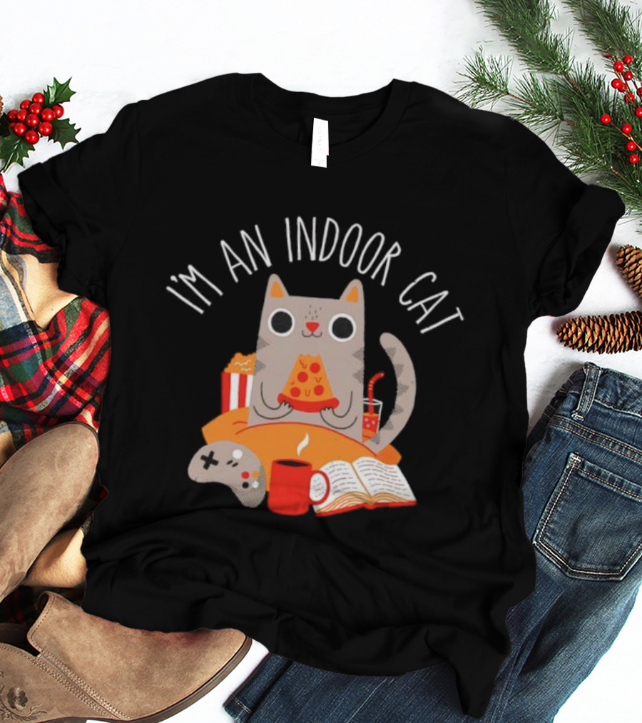 I'm An Indoor Cat Cartoon Cozy Vibes With Pizza, Popcorn, And Video Game Controller T-Shirt