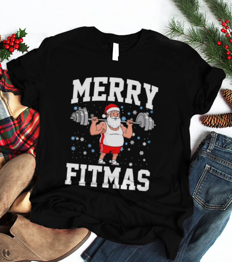 Merry Fitmas Santa Claus Lifting Weights Holiday Humor T-Shirt
