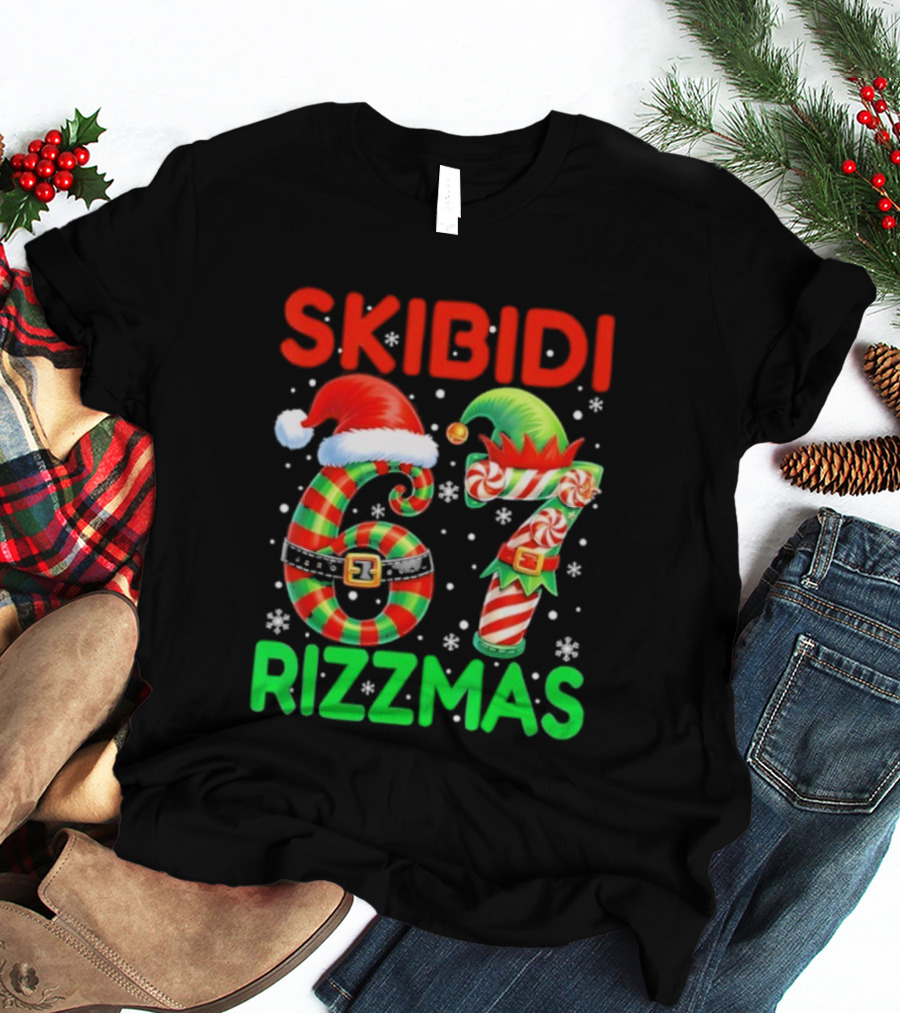 Skibidi 67 Rizzmas Funny Christmas Elf Candy Cane Holiday Meme T-Shirt