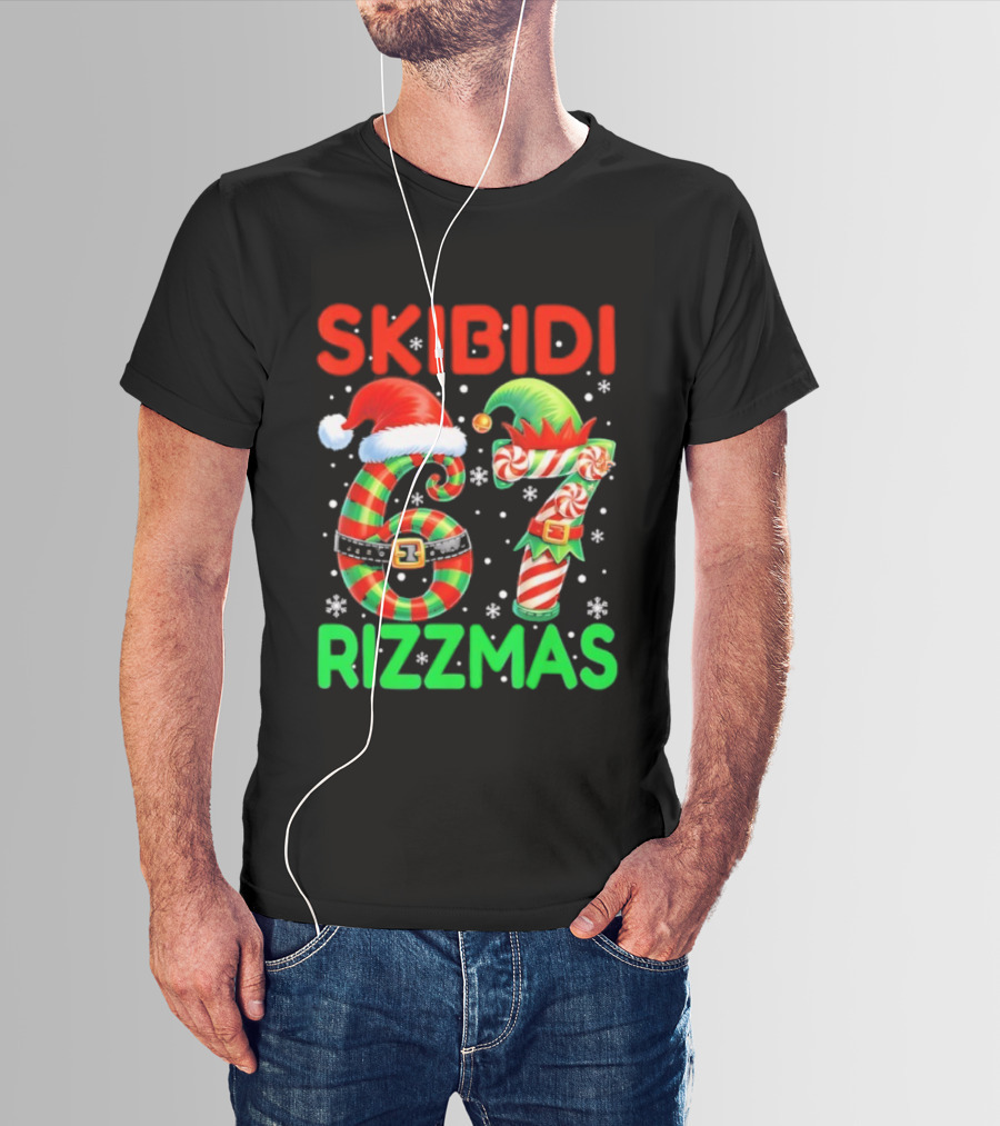 Skibidi 67 Rizzmas Funny Christmas Elf Candy Cane Holiday Meme T-Shirt