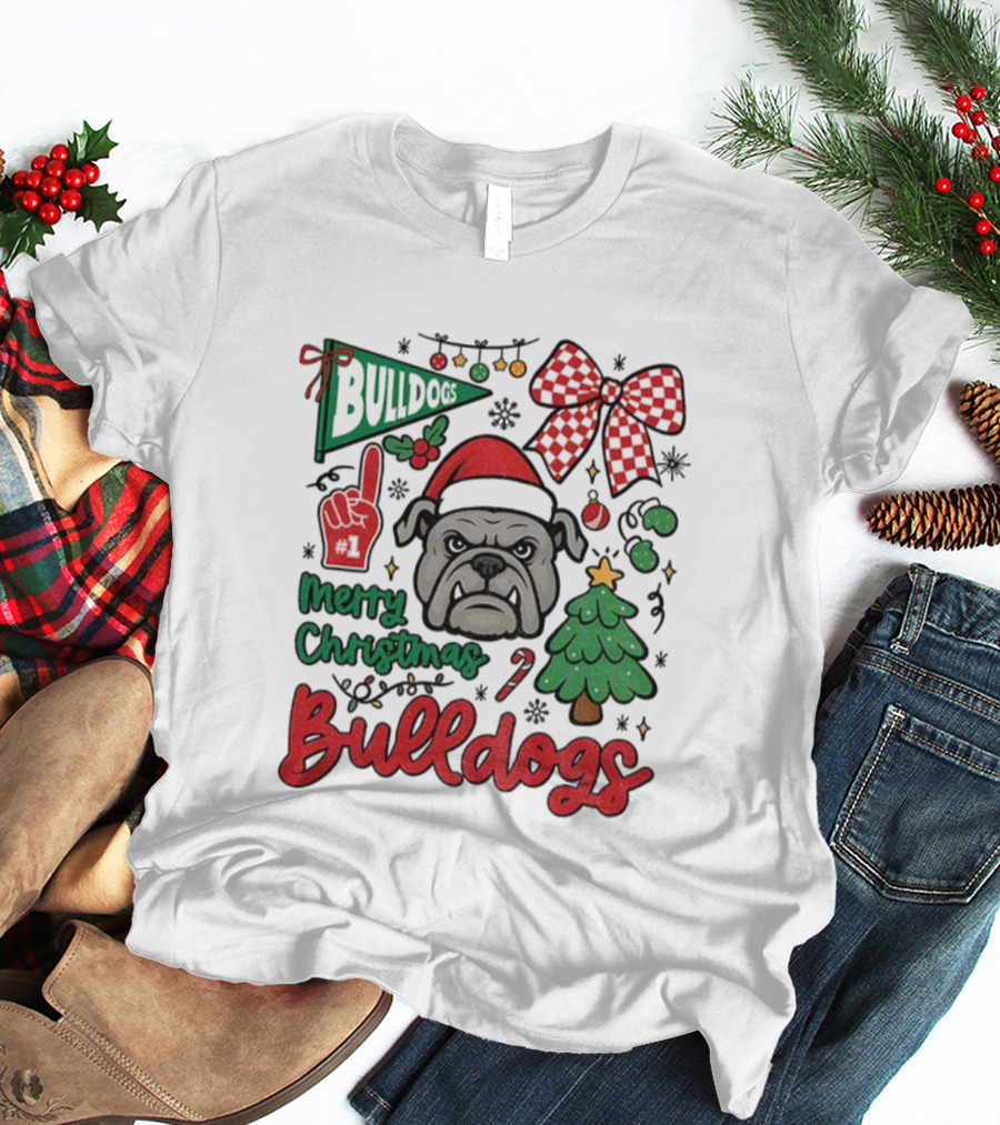 Merry Christmas Bulldogs Festive Mascot Checkerboard Bow And Holiday Theme T-Shirt