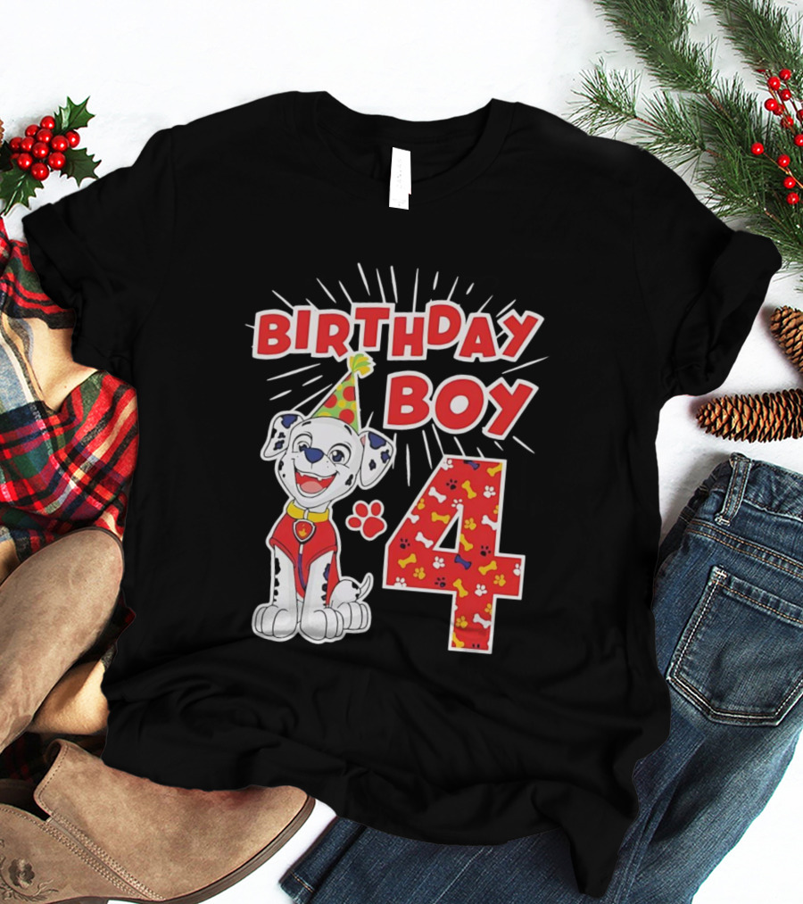 4th Birthday Boy Celebration With Cute Pup And Party Hat T-Shirt