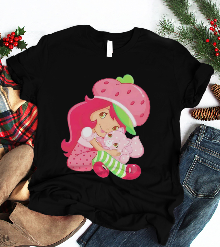 Strawberry Girl Hugging Pink Cat With Hat And Polka Dot Pants T-Shirt
