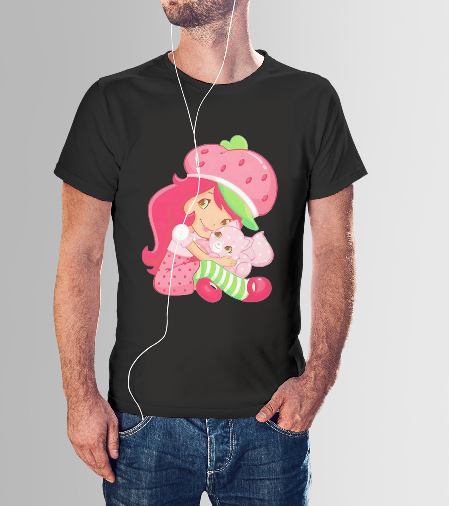Strawberry Girl Hugging Pink Cat With Hat And Polka Dot Pants T-Shirt