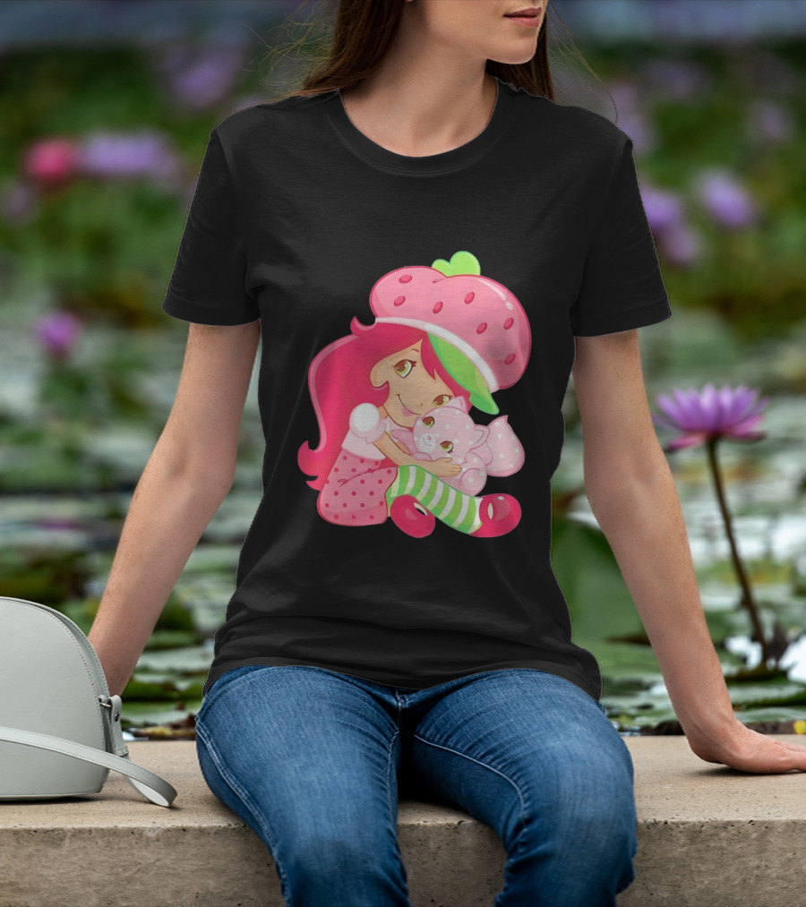 Strawberry Girl Hugging Pink Cat With Hat And Polka Dot Pants T-Shirt