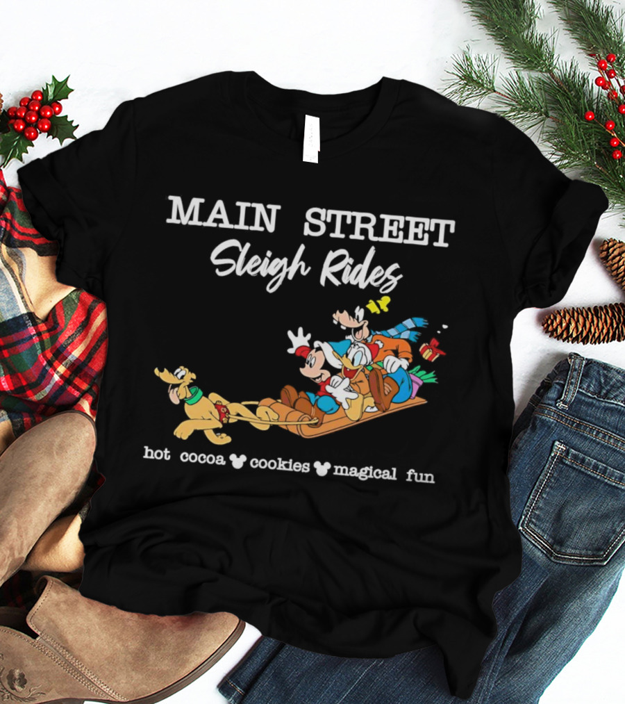 Main Street Sleigh Rides Mickey And Friends Hot Cocoa Cookies Magical Fun T-Shirt