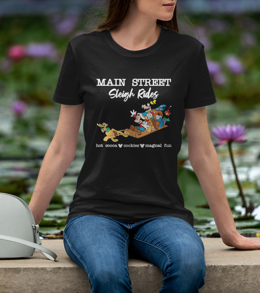 Main Street Sleigh Rides Mickey And Friends Hot Cocoa Cookies Magical Fun T-Shirt
