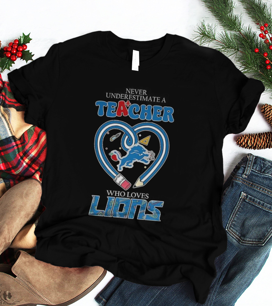 Teacher Who Loves Detroit Lions Heart Pencil Design T-Shirt
