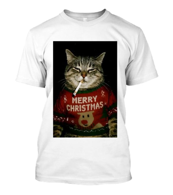 Merry Christmas Cat Smoking In Ugly Holiday Sweater With Reindeer T-Shirt